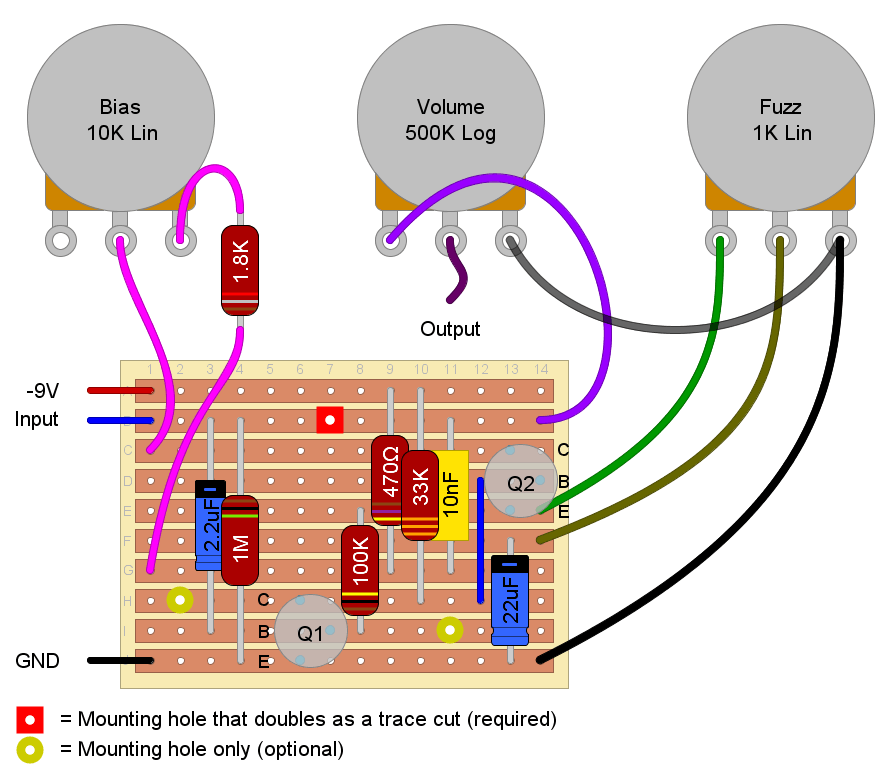 Figure 4: Stripboard layout of the germanium Fuzz Face with external bias pot