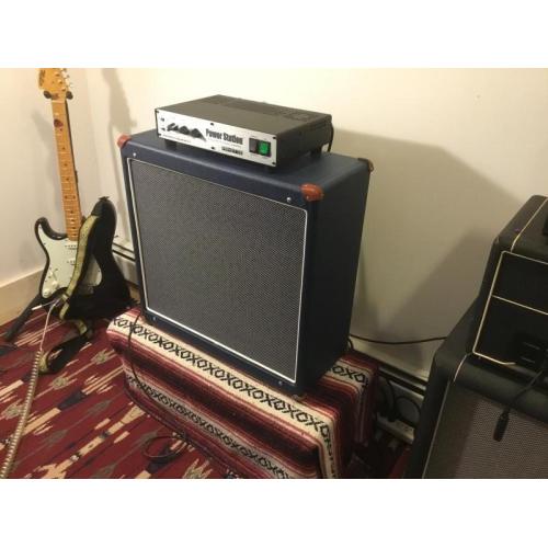 Customer image:<br/>"4x10 pine cab finished in navy tolex with leather corners"